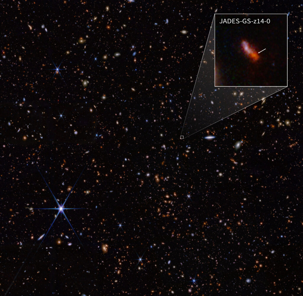 FILE PHOTO: An infrared image from NASA's James Webb Space Telescope, taken by the NIRCam (Near-Infrared Camera) for the JWST Advanced Deep Extragalactic Survey, or JADES, program. One such galaxy, JADES-GS-z14-0 (shown in the pullout), was determined to have formed about 290 million years after the Big Bang, making it the earliest-known galaxy. NASA, ESA, CSA, STScI, Brant Robertson (UC Santa Cruz), Ben Johnson (CfA), Sandro Tacchella (Cambridge), Phill Cargile (CfA)/Handout via REUTERS/File Photo